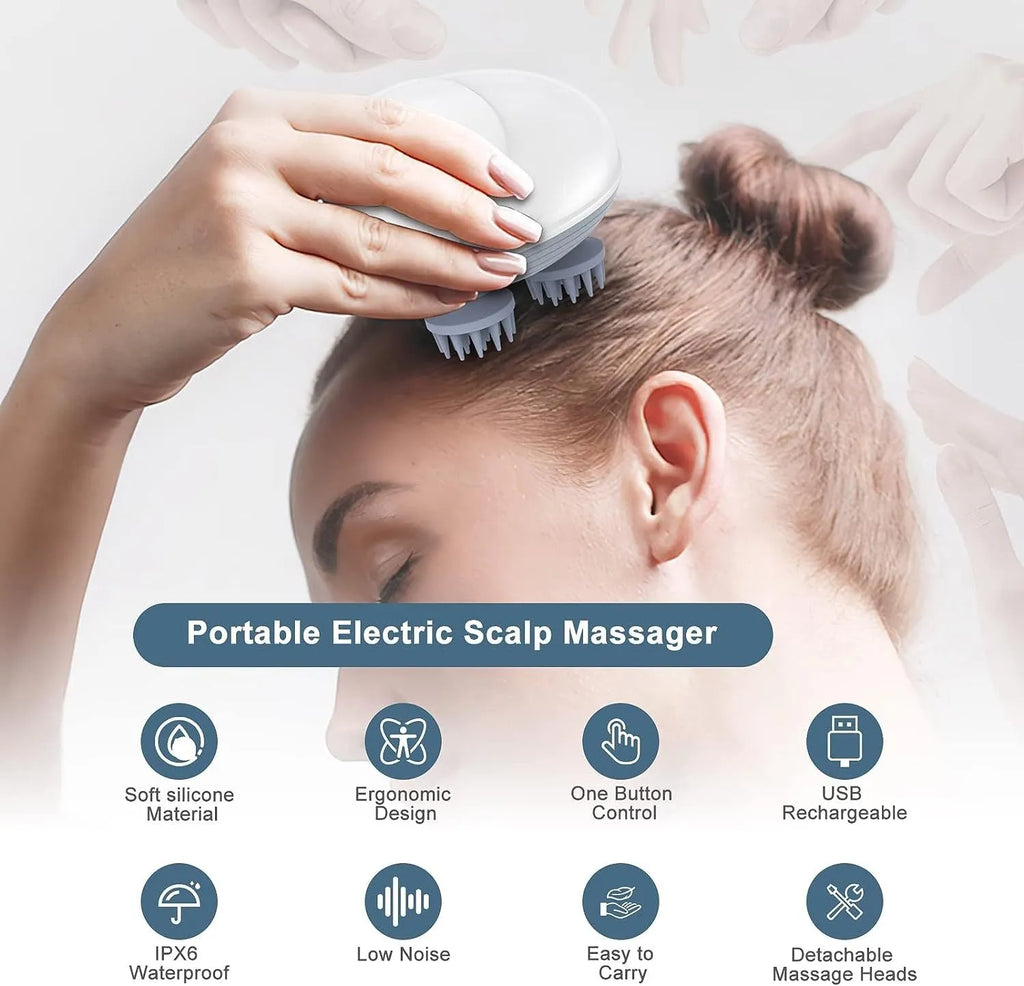 Blue handheld electric pet massager with rotating heads for cats and dogs on a grey background.