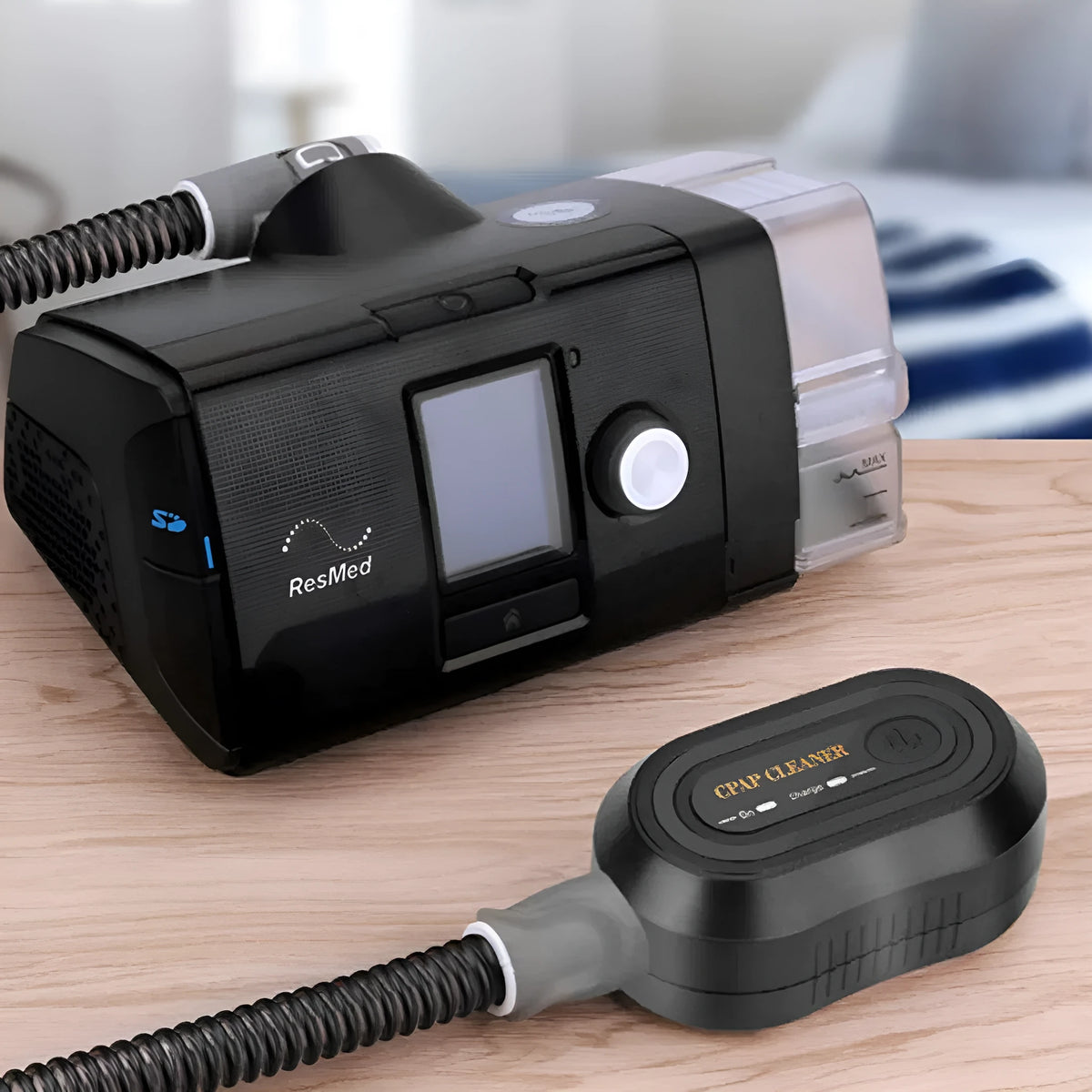 Black desktop ozone respiratory disinfection machine for household ventilator sterilisation with USB power and data cable