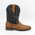 Men's black square toe motorcycle boots with a wedge heel and mid-calf design.