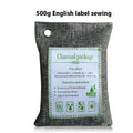 Bamboo charcoal bags in sewing styles for formaldehyde removal, with 100g, 200g, and 500g weights on a breathable fabric.