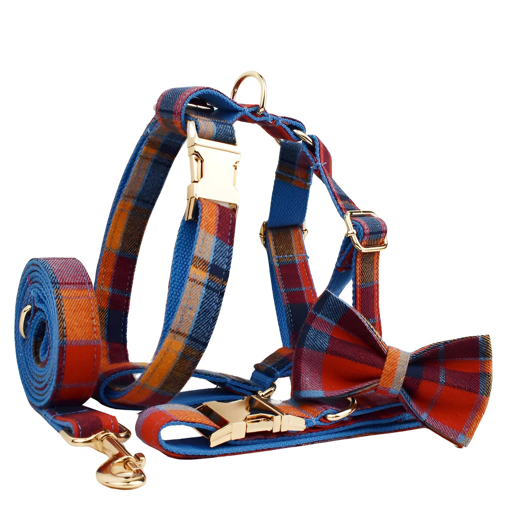 Dog accessory four-piece set showing collar, leash, vest, and bow tie in cloth fabric