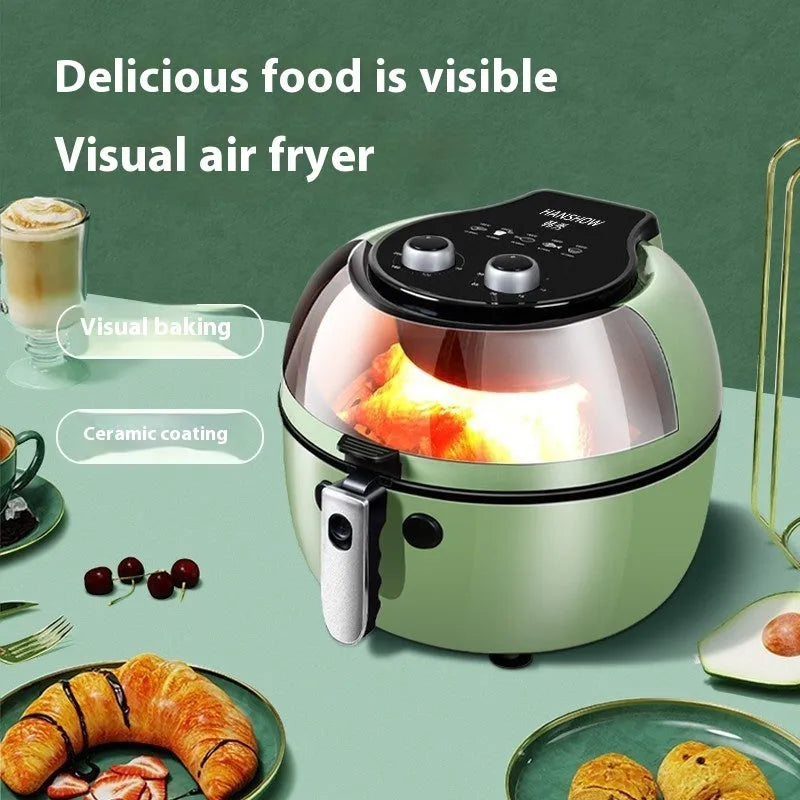 Air fryer oven with 8-litre capacity, nano-ceramic coating liner, and mechanical buttons on a kitchen counter