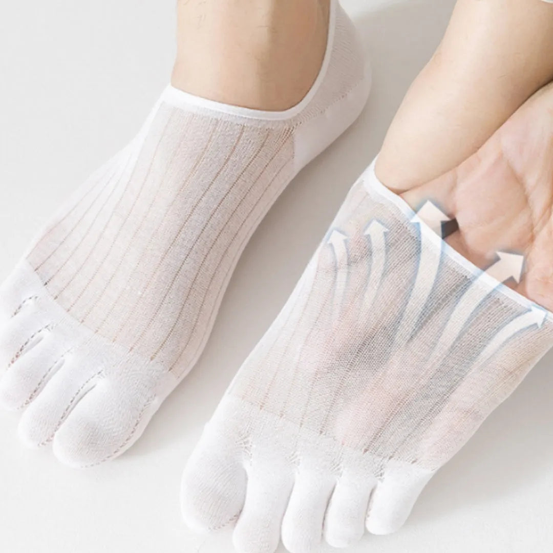 Modal cotton five-finger invisible boat socks showing toe separation and ultra-thin construction