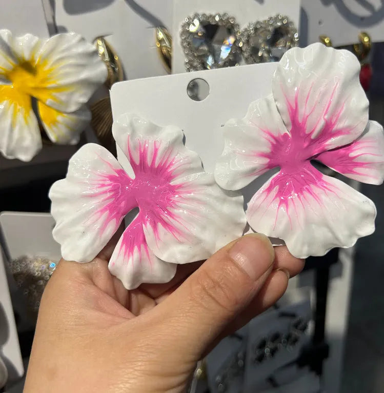 Pastoral style alloy floral earrings with electroplated finish and oil-spot glaze effects on 1.5cm designs