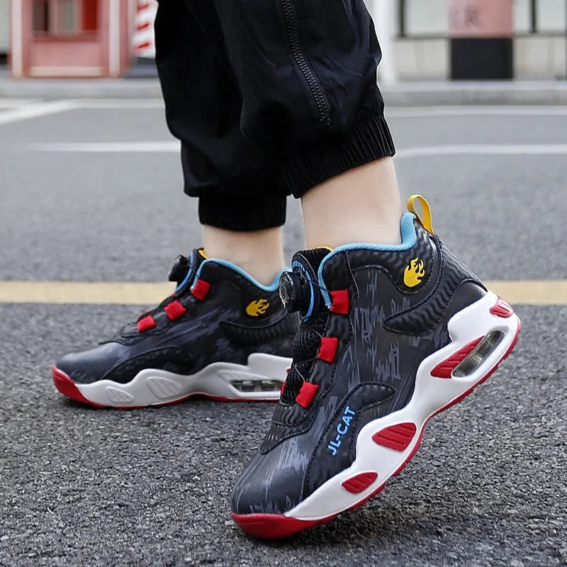 Children's rotating button basketball shoes in black with waterproof PU sole and synthetic leather upper