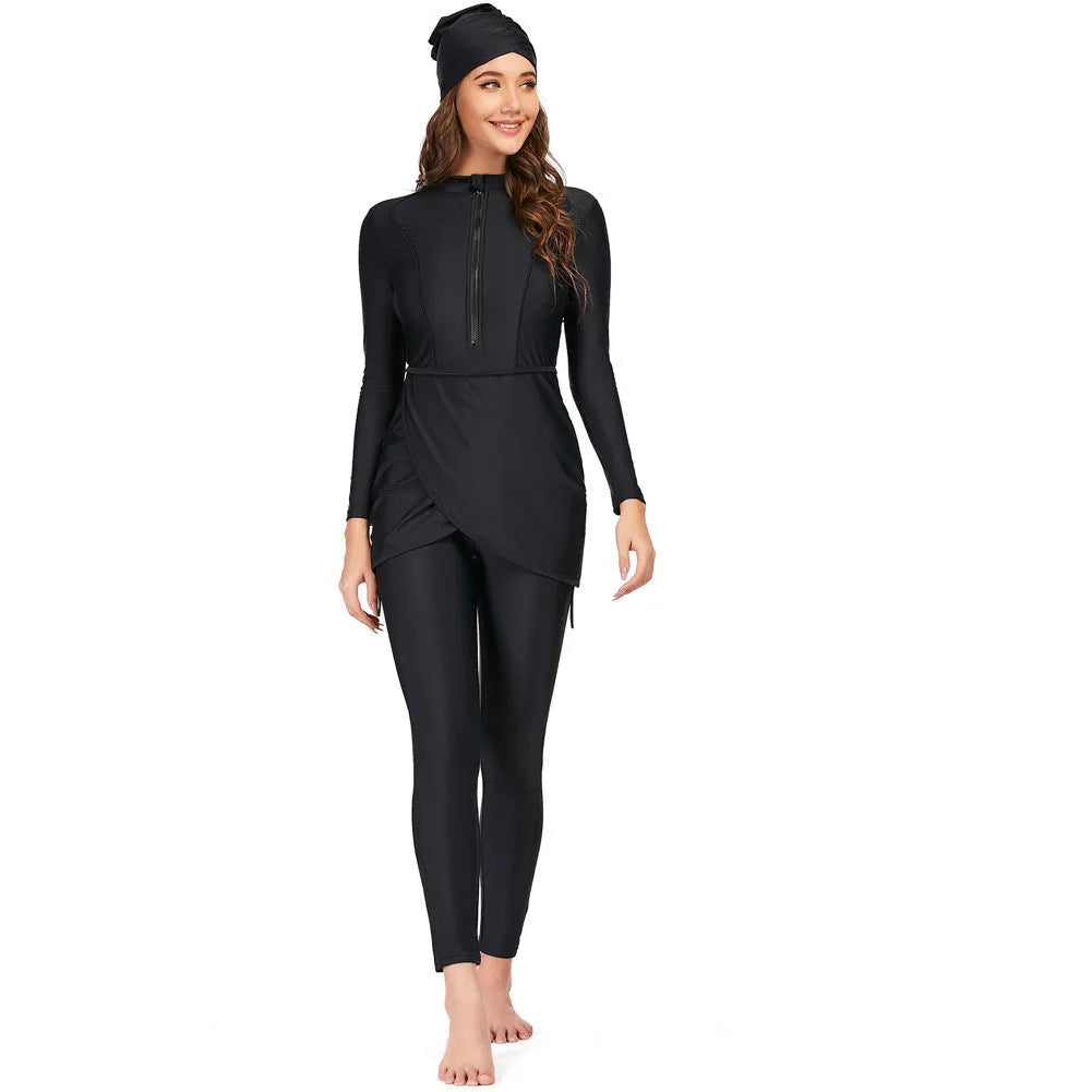 Black conservative full coverage ladies swimsuit burkini with quick-dry lining