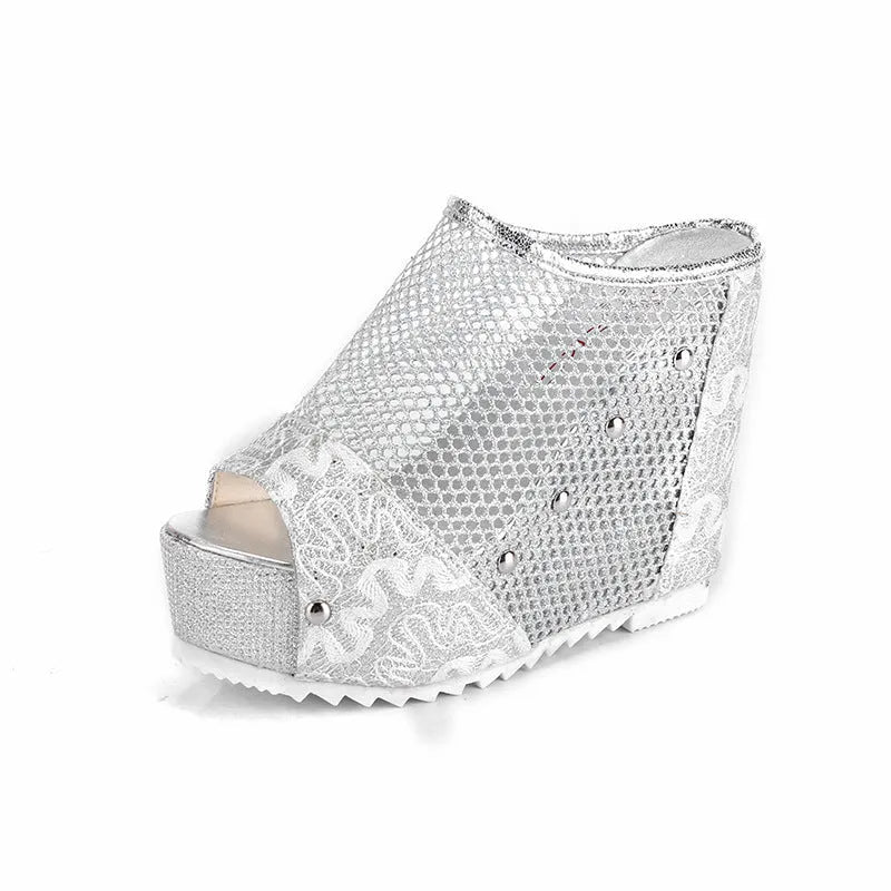 Hollowed-out heel chunky platform sandals in black, gold, or silver with mesh upper and viscose sole