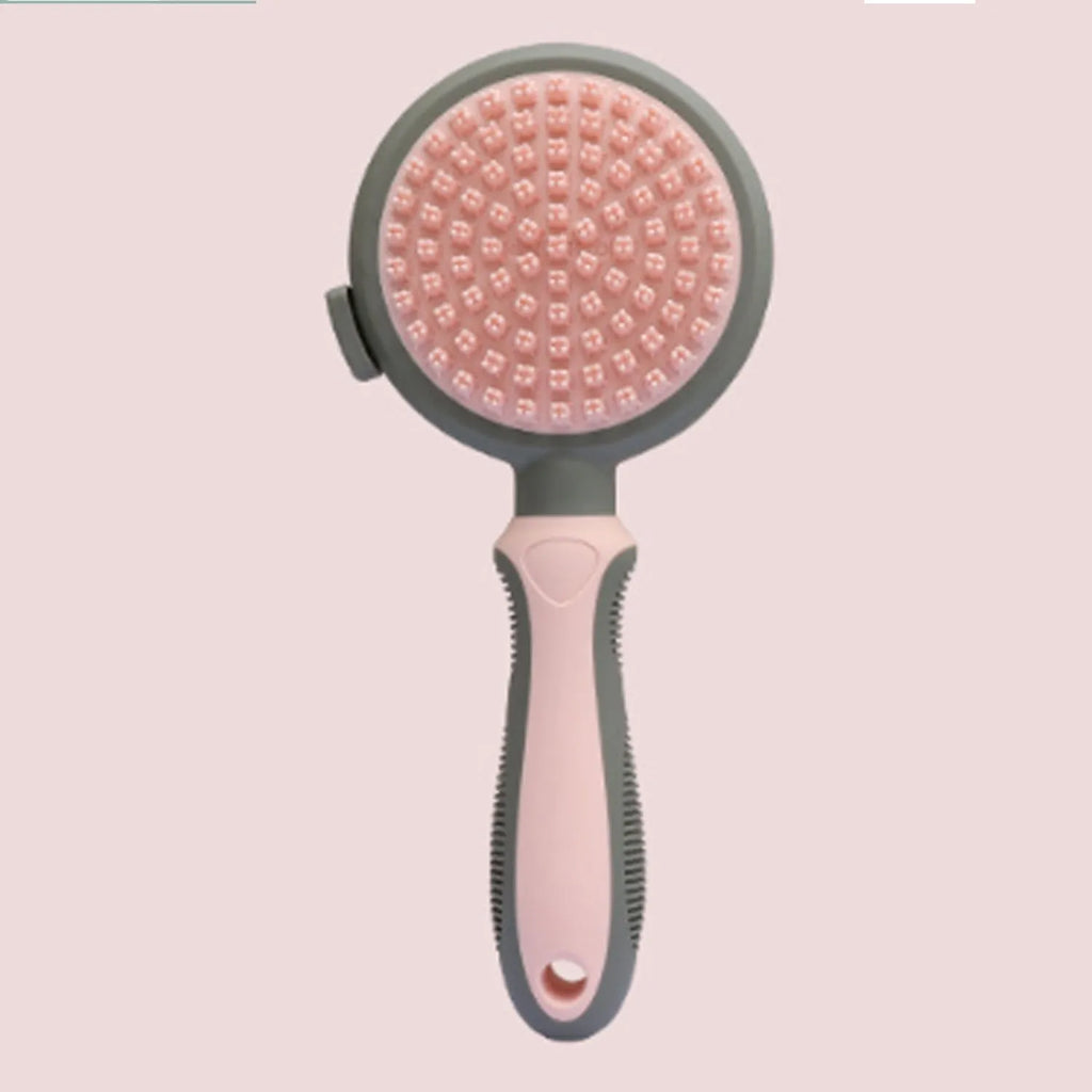 Double-sided cat brush with release button and flea comb in green or pink for grooming indoor cats