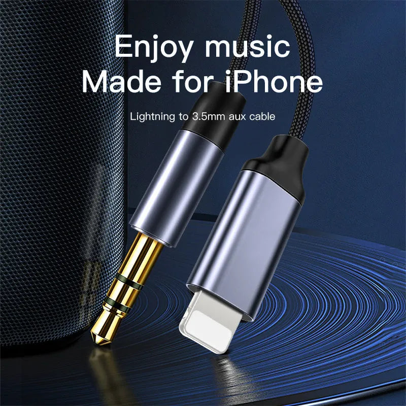 Silver nylon-braided audio cable with connectors for headphones and car adapters, shown at 1m length