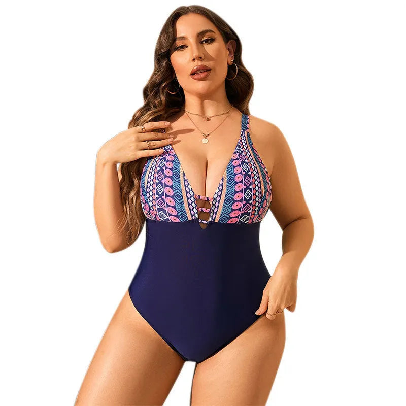 Leopard print plus size swimsuit with V-neck and belly cover, available in sizes 0XL to 4XL