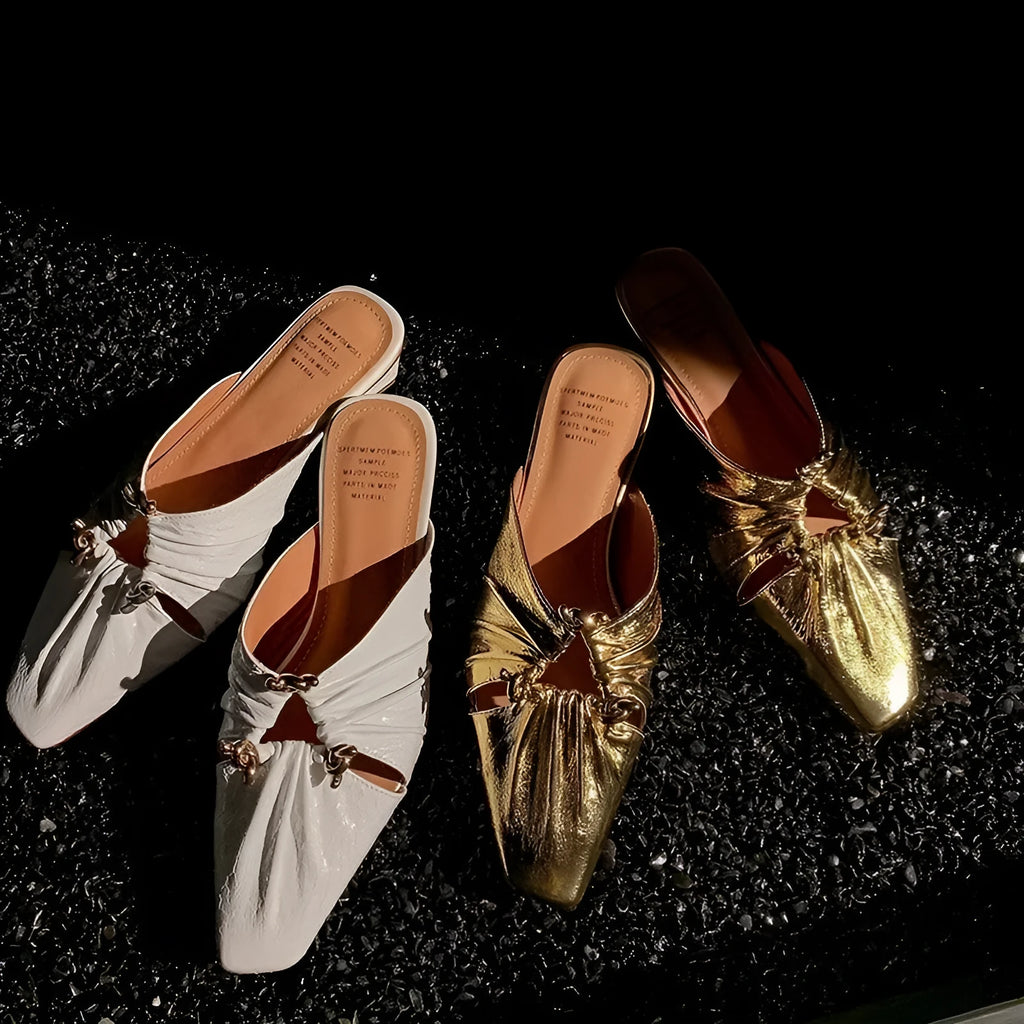 Women's genuine leather half-toe cap slippers in silver with a square toe and low TPR sole.