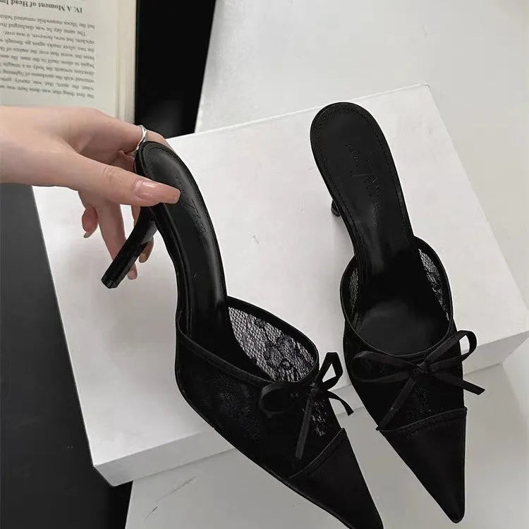 Women's lace pointed toe high heels with bowknot detail in mesh upper and rubber sole