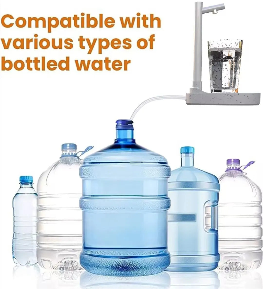 White and blue desktop water dispenser with extension tube on counter next to water bottle