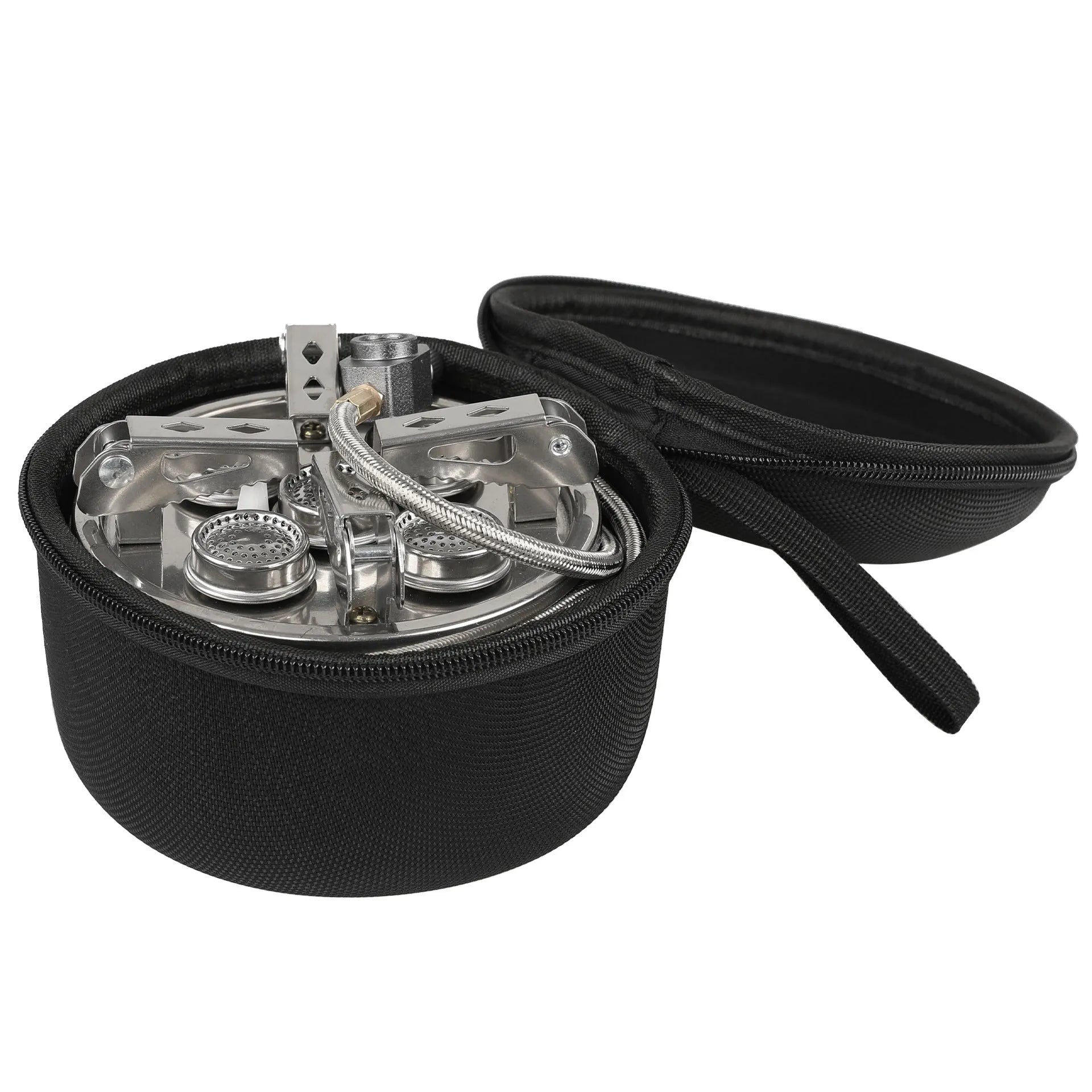Silver foldable stainless steel split stove with 100cm hose, packed size 155x125mm