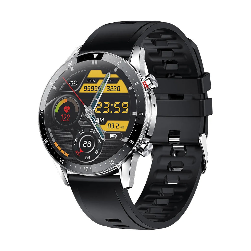 Blue alloy Bluetooth smart watch with 1.3-inch screen on a wrist.