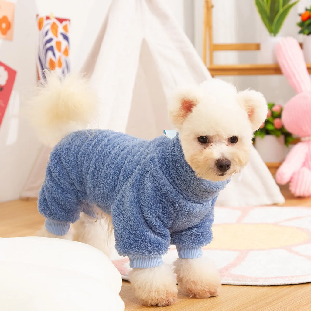 Blue double-sided thick plush dog clothing with high collar and towing ring on a mannequin.