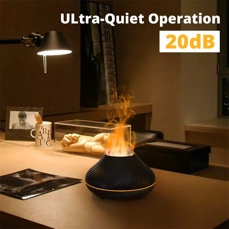 Beige USB aromatherapy diffuser with flame effect lighting on wooden table