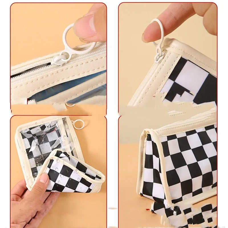 Chessboard pattern transparent PVC pencil case showing pens inside, 21.5cm length with black and white grid design