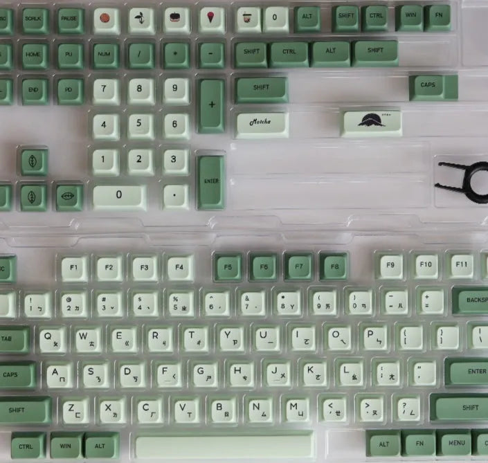 124 Matcha green PBT keycaps with white dye-sublimated legends, arranged in a keyboard layout.