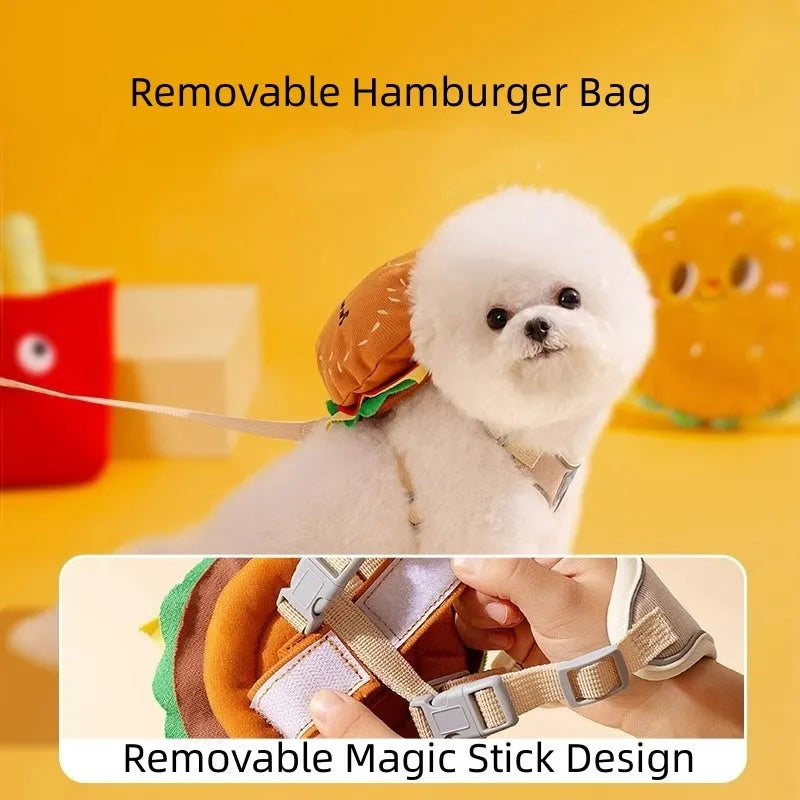 Cartoon hamburger print adjustable vest leash for a dog, showing the escape-proof design and walking rope.