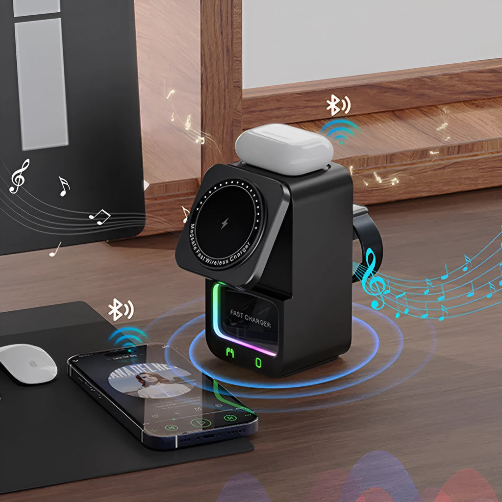 White and black 5-in-1 Bluetooth speaker wireless charger with digital clock display.