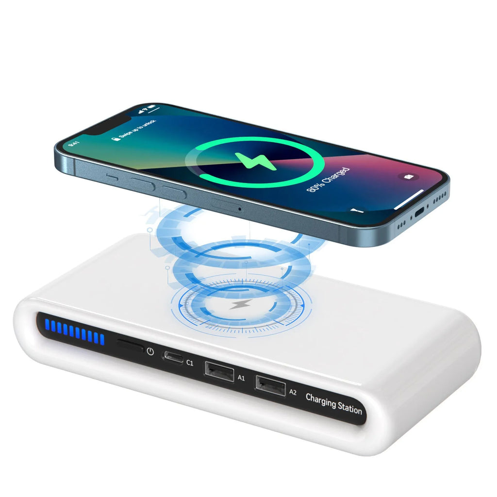 White desktop wireless charging pad with multicolour LED atmosphere lighting and a coiled Type-C cable.