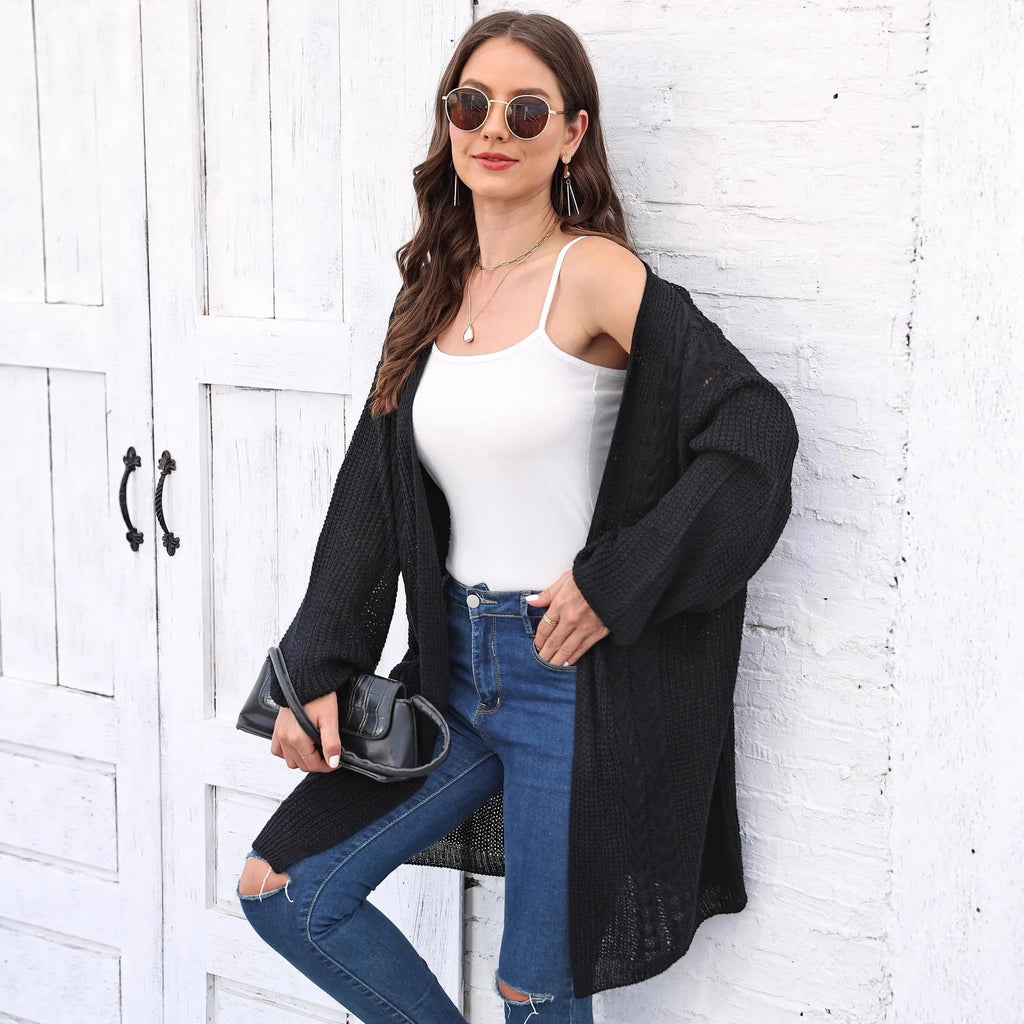 Women's loose acrylic sweater coat in free size, solid colour options including army green and rose red