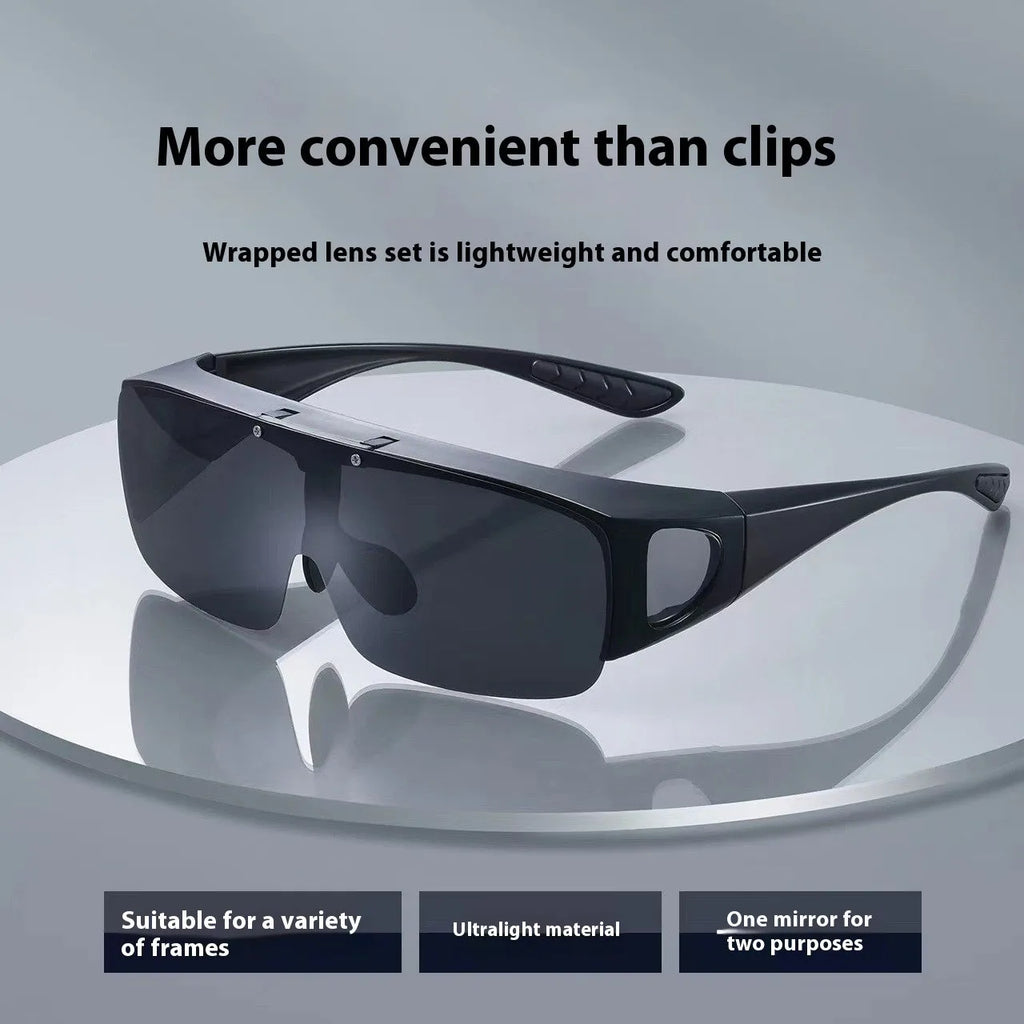 Polarised sunglasses with one-piece myopia lenses and interchangeable lens options in black, grey, dark green, tea, vari-colour, night vision, and yellow green.