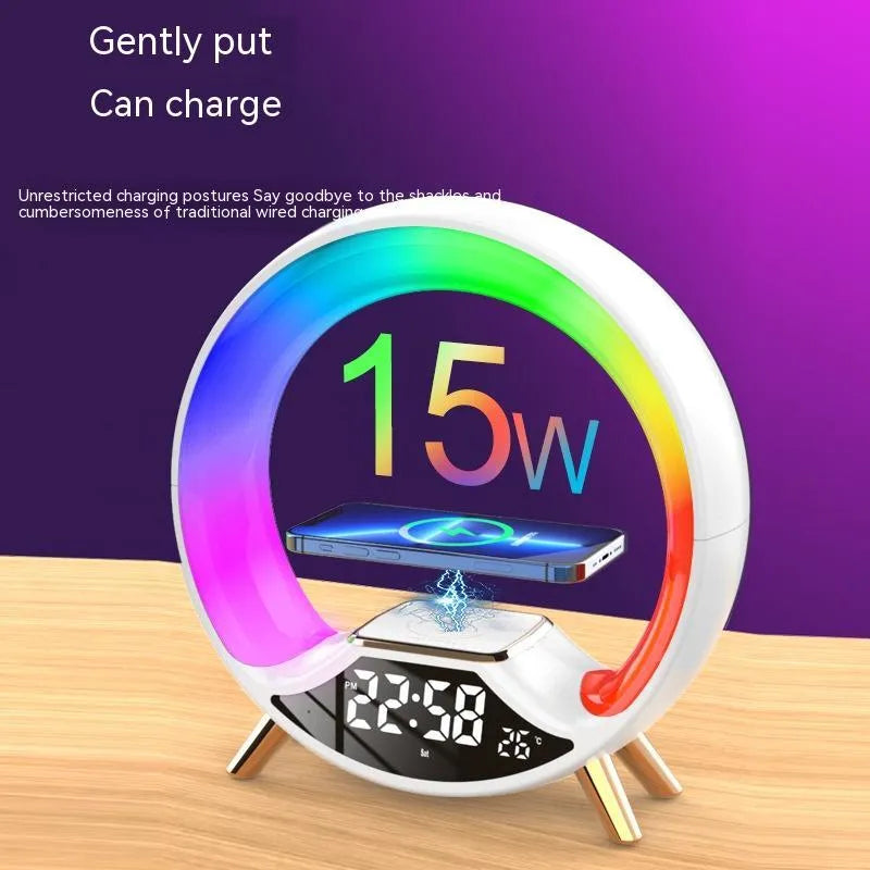 Black multifunctional bedside lamp with wireless charging pad, speaker grille, LED clock screen, and adjustable light.
