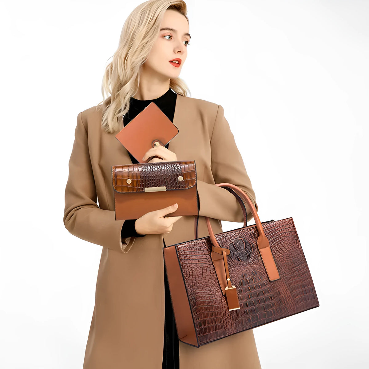 Women's three-piece PU handbag set with crocodile pattern in horizontal square shape.