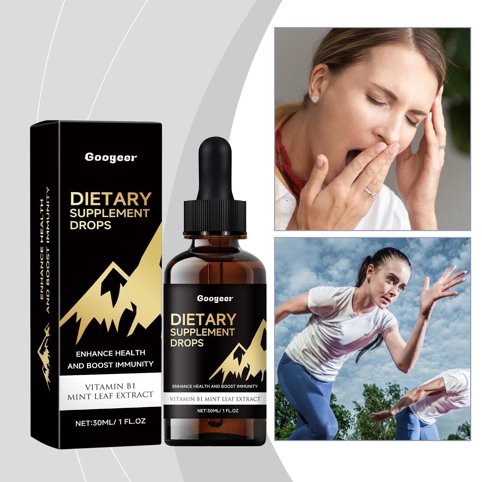 Bottle of dietary supplement liquid drops with a separate measured dropper for dosage.