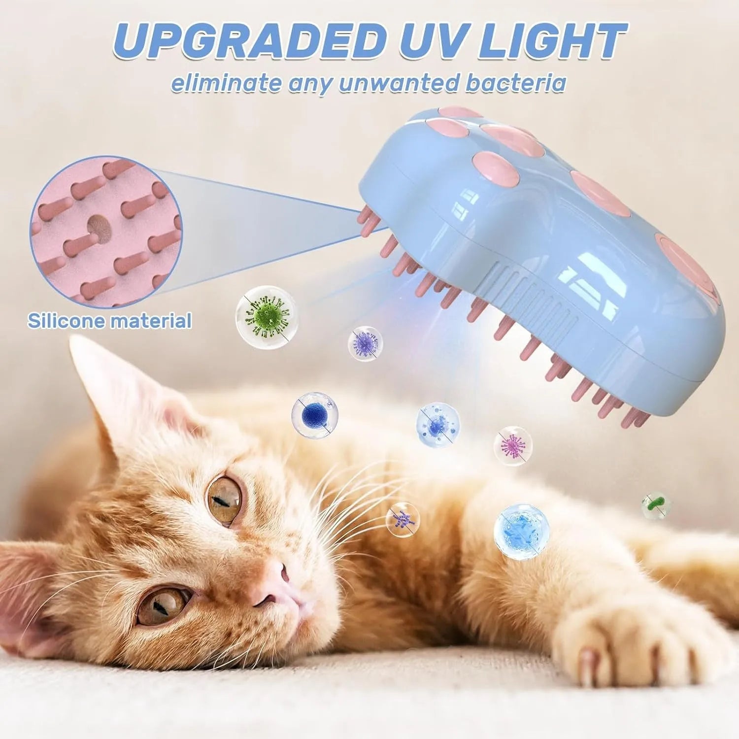 Blue self-cleaning cat steam brush with silicone heads and release button for pet grooming