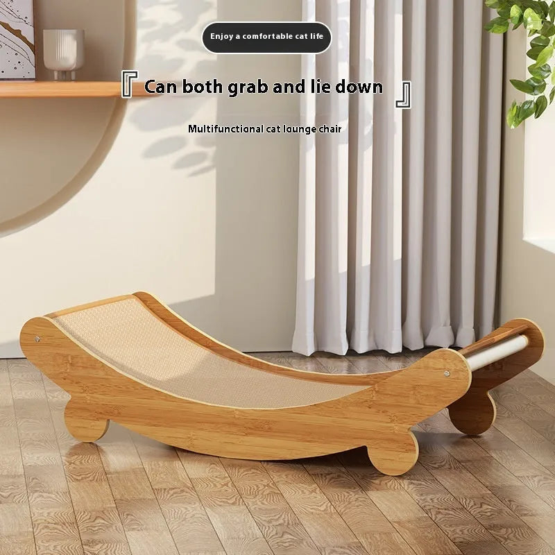 U-shaped sisal cat scratching board lounge chair in natural colour with cloth frame.
