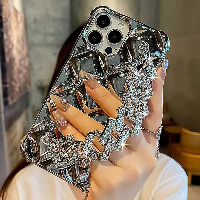 Luxury diamond bracelet phone case in plated rhombus design for iPhone, with TPU material and flash diamond lock