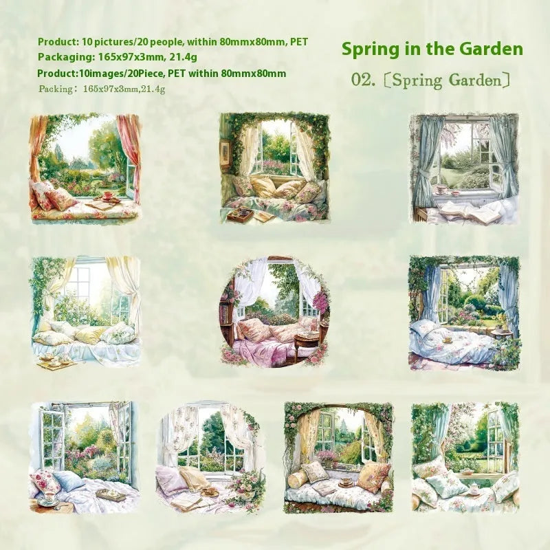 Window Story Series journal decorative stickers showing six colour themes with retro window scene designs