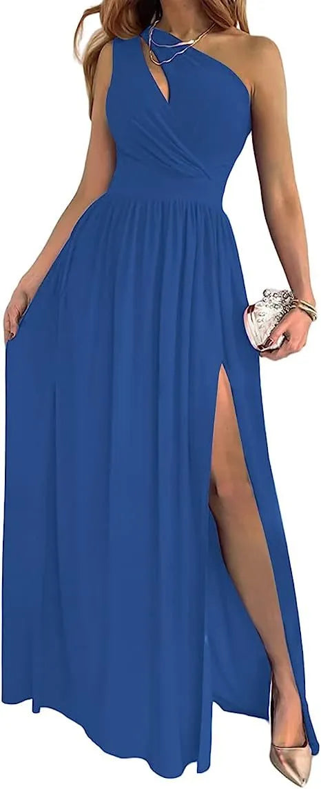 Women's one shoulder sleeveless maxi dress with high split and cutout detail in soft fabric.