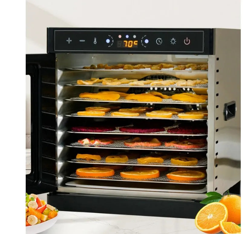 Stainless steel fruit dehydrator with visual skylight, 6 trays, LED control panel showing temperature settings