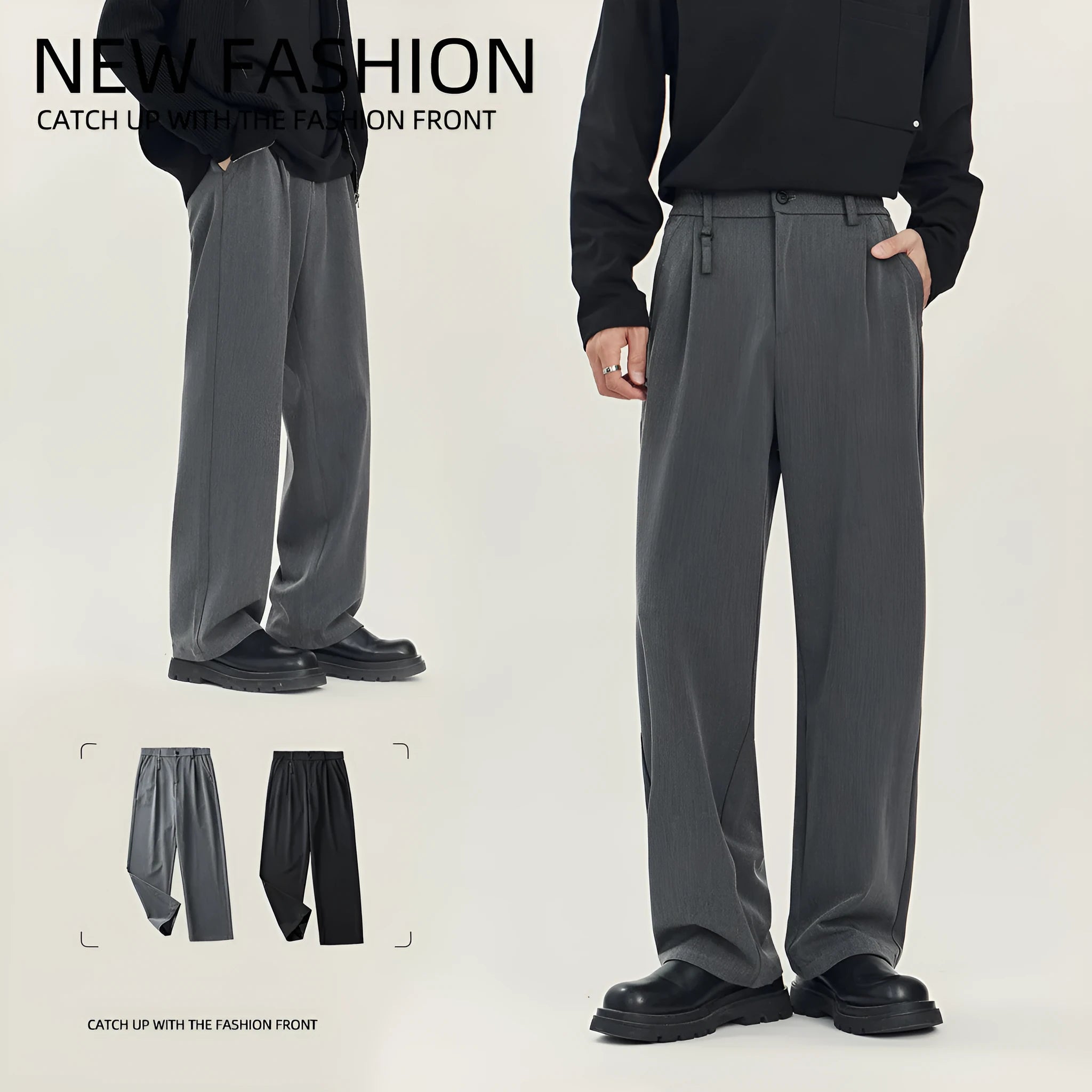 Black draping straight-leg business casual trousers on hanger