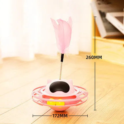 Pink rotating cat toy turntable measuring 17cm by 10cm for feline play and exercise