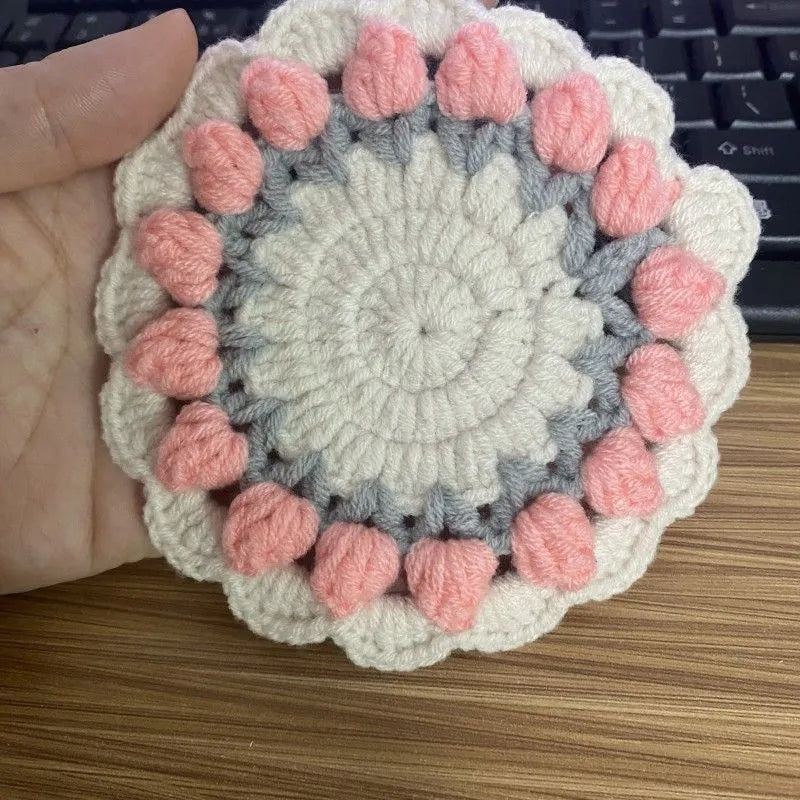 Handmade yarn hook woven flower coaster in cotton linen blend