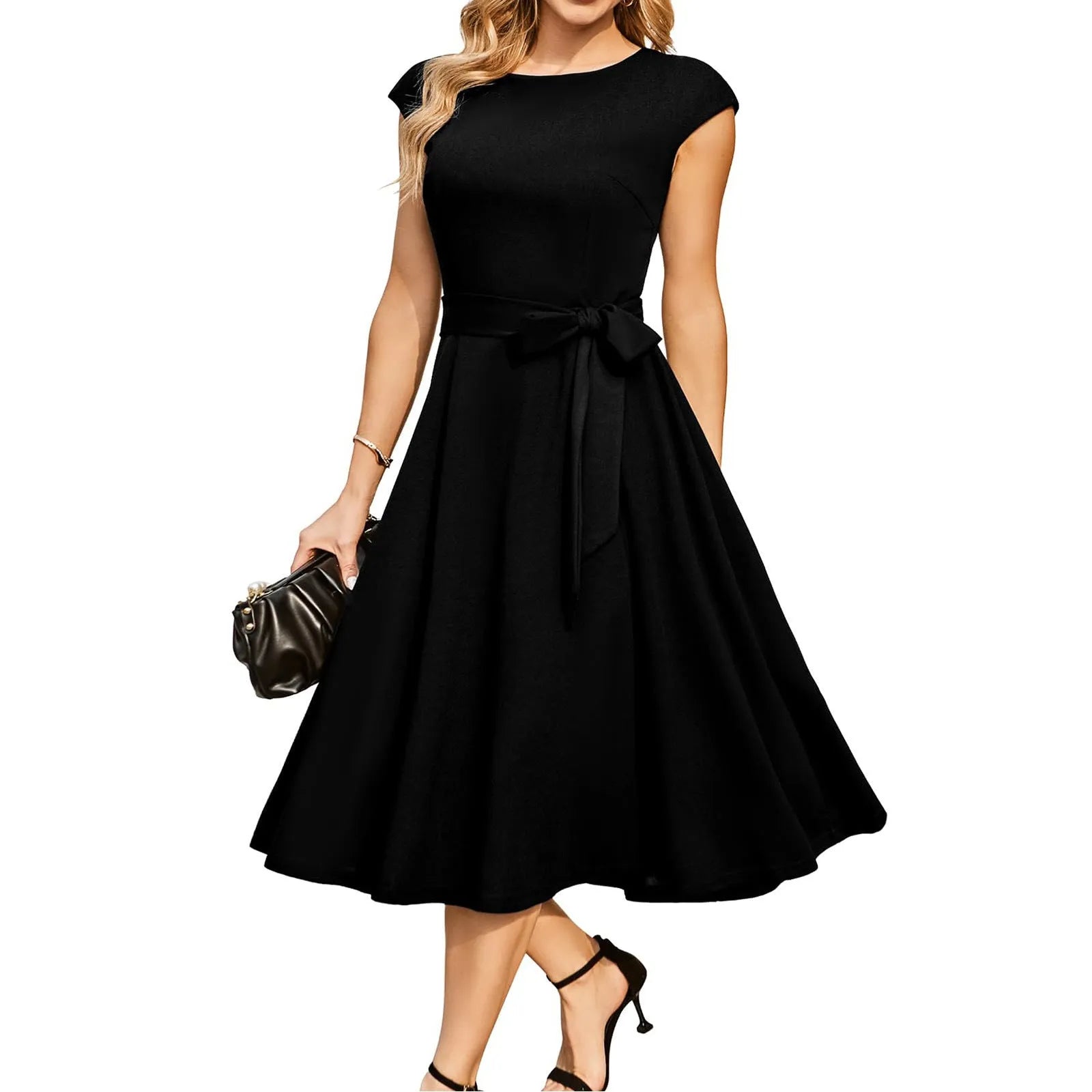 Women's sleeveless lace-up waist party dress with oversized swing skirt in twisted silk polyester fabric