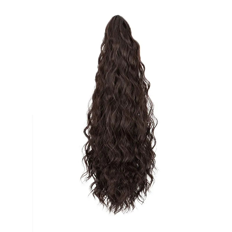 Corn curler wig with water ripple grip ponytail in synthetic high-temperature fibre, shown with hair clip.