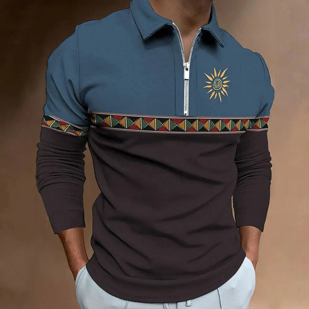 Men's loose-fit long-sleeve polyester t-shirt with stripe pattern and zipper decorations in multiple colour options
