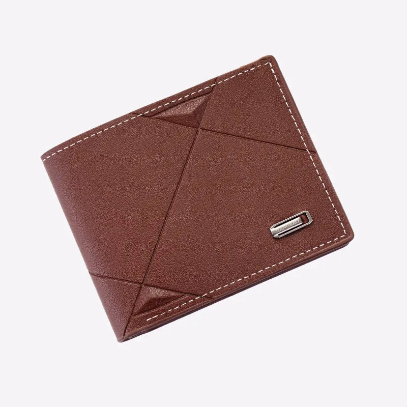 Men's thin black three-fold horizontal PU leather wallet showing multiple card slots