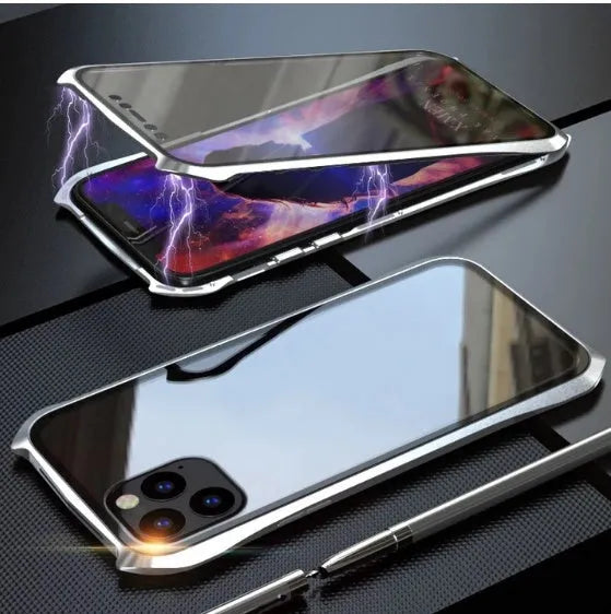 Silver metallic magnetic back cover case for an iPhone 11 Pro Max on a table.