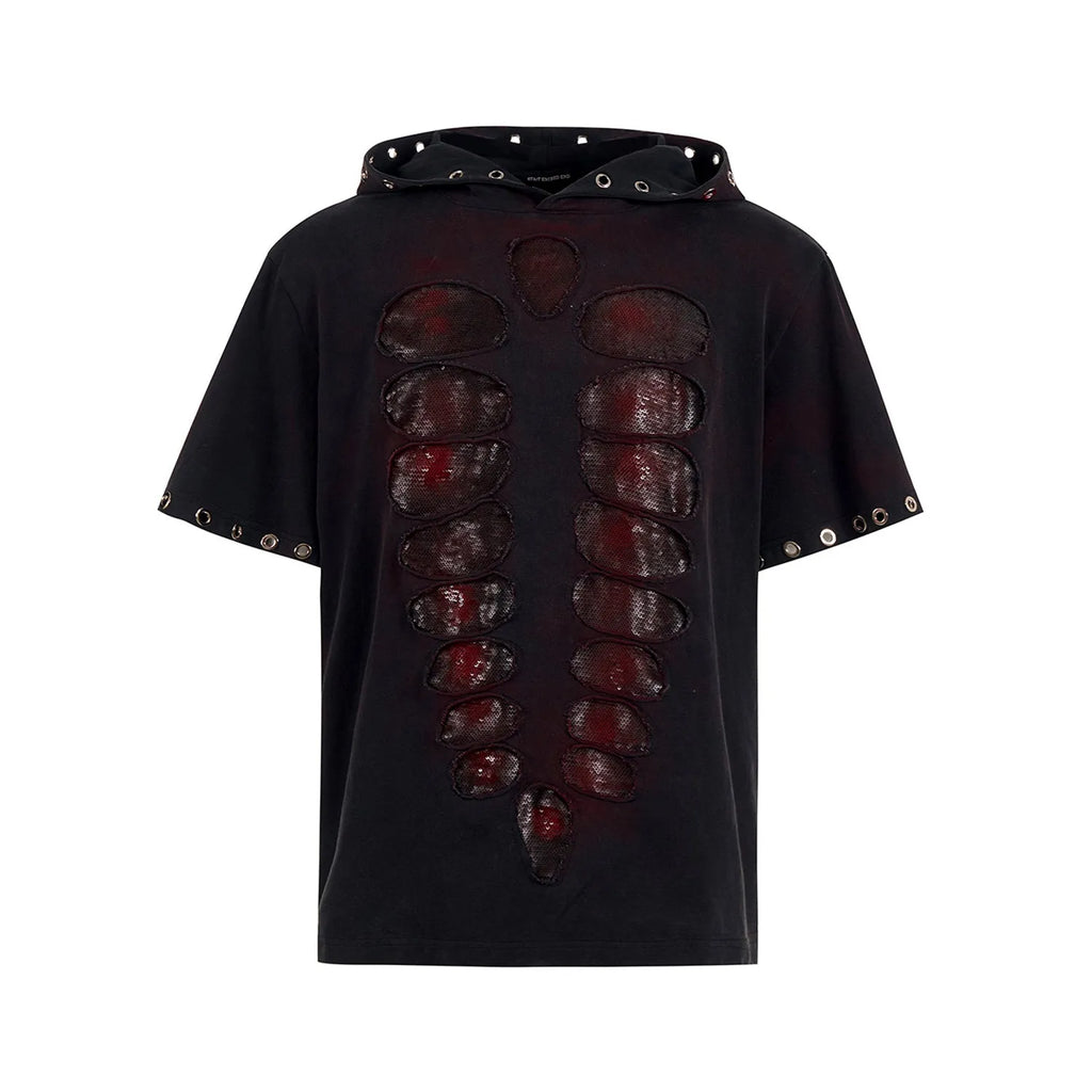 Black men's hooded short-sleeved T-shirt with sequin detailing in loose-fitting style