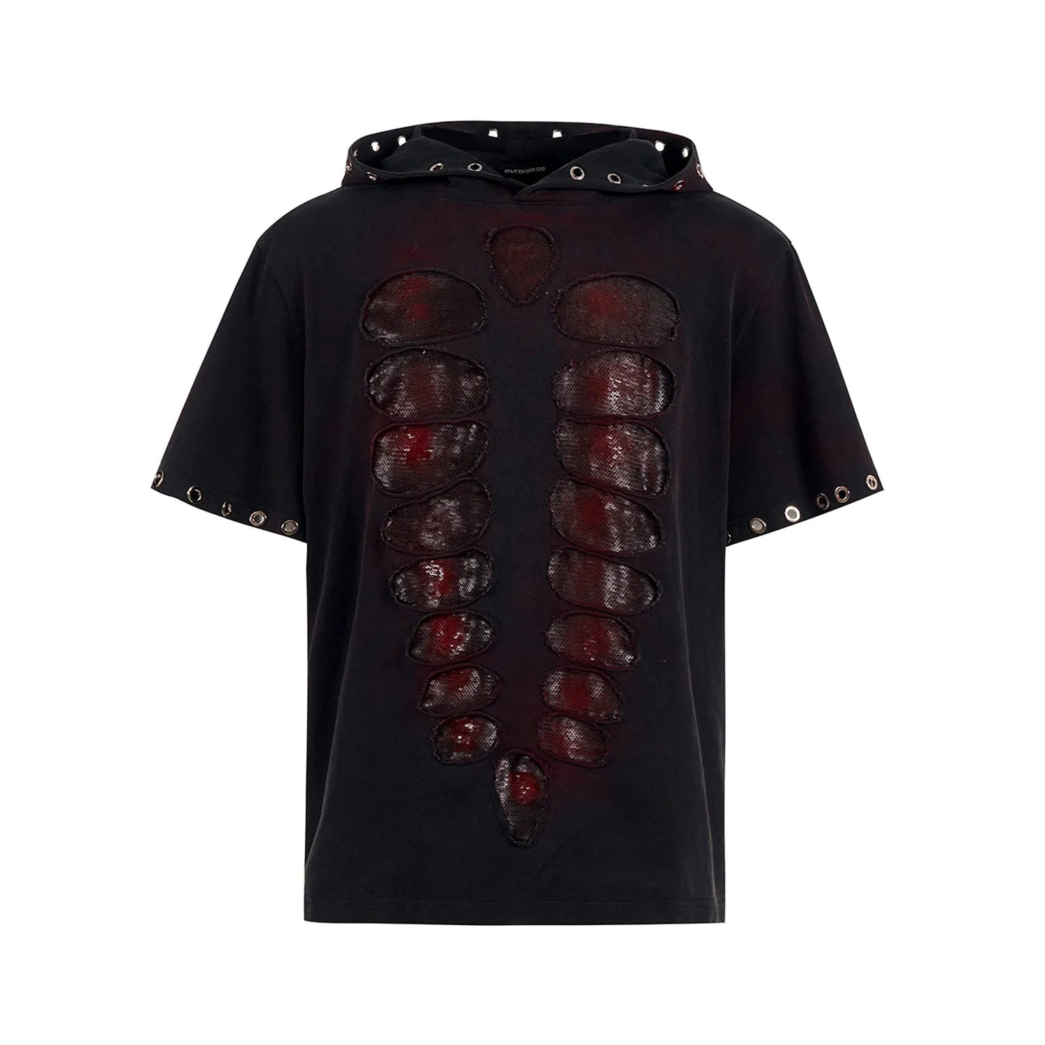Black men's hooded short-sleeved T-shirt with sequin detailing in loose-fitting style