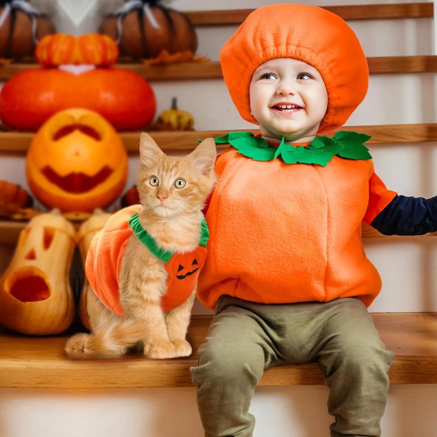 Orange plush pumpkin costume on a small dog for Halloween