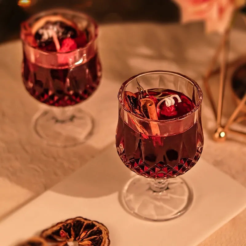 Glass wine goblet scented candle with crystal-style design and French mulled wine fragrance