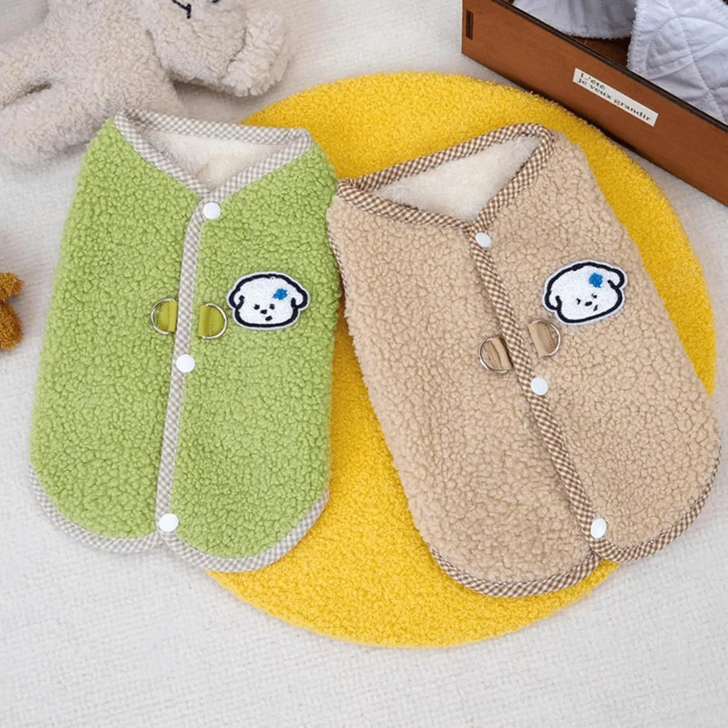 Green coral fleece dog vest with leash ring for small pets in autumn and winter